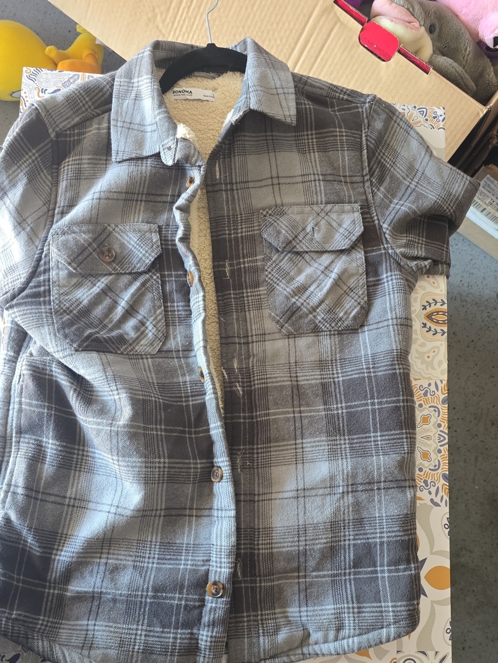 Sonoma Grey Plaid Sherpa-Lined Button-Front Shirt Jacket